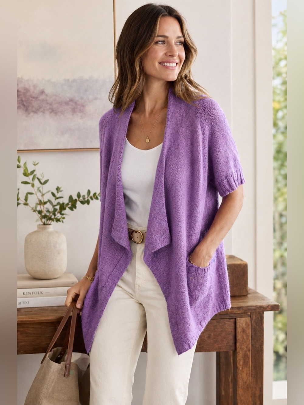 Boden Wool Alpaca Cardigan Purple Waterfall Drape Open Front Size 14